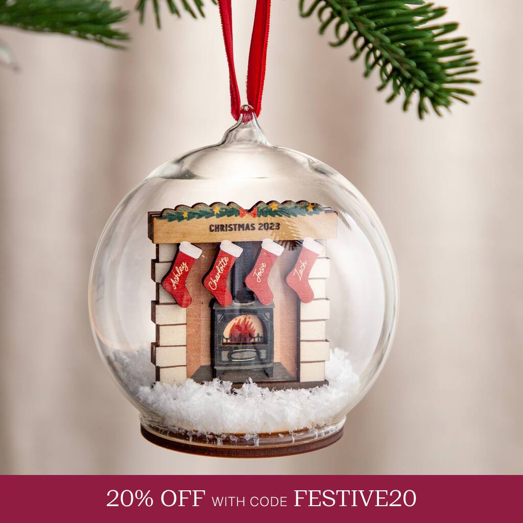 Personalised 3D Fireplace With Family Stockings Bauble