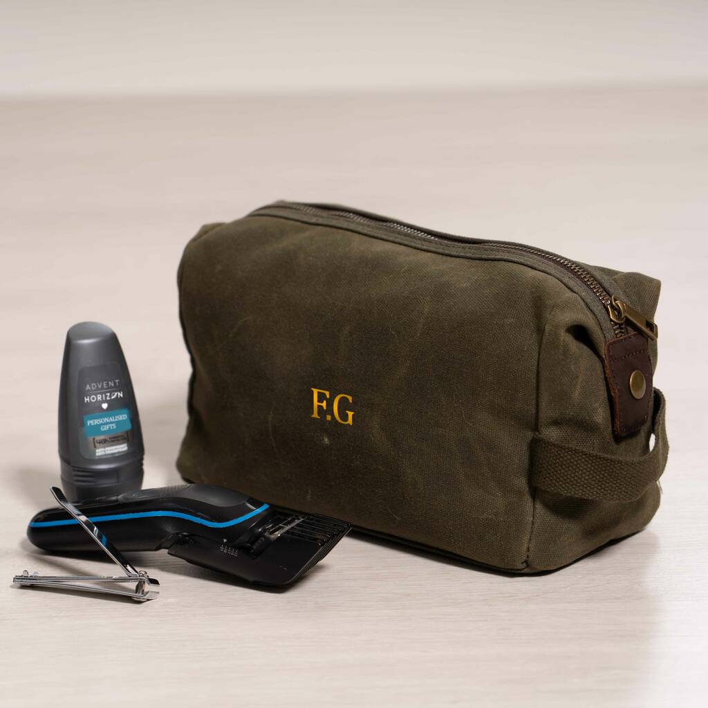 Personalised Initial Men's Waxed Cotton Canvas Wash Bag