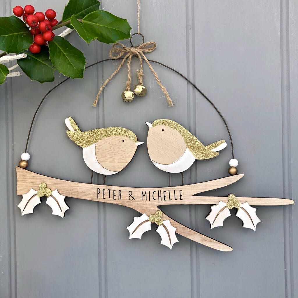 Personalised Christmas Wooden Robin Pair Sign