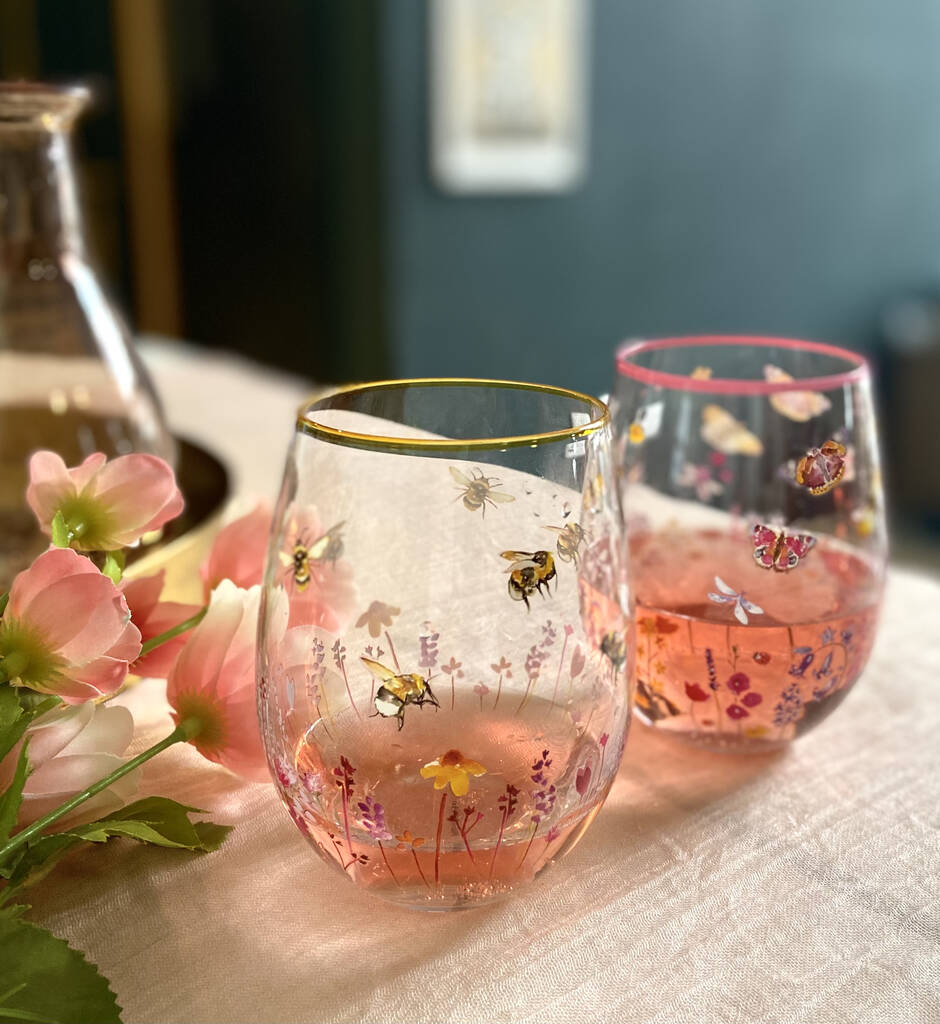 Personalised Bumble Bee Stemless Glass In A Gift Box