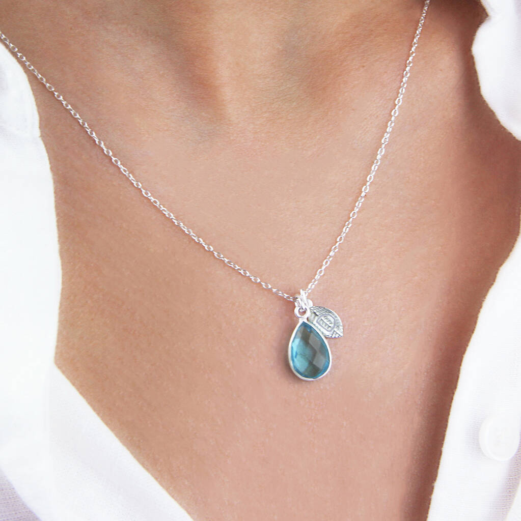 Semi Precious Birthstone And Leaf Initial Necklace