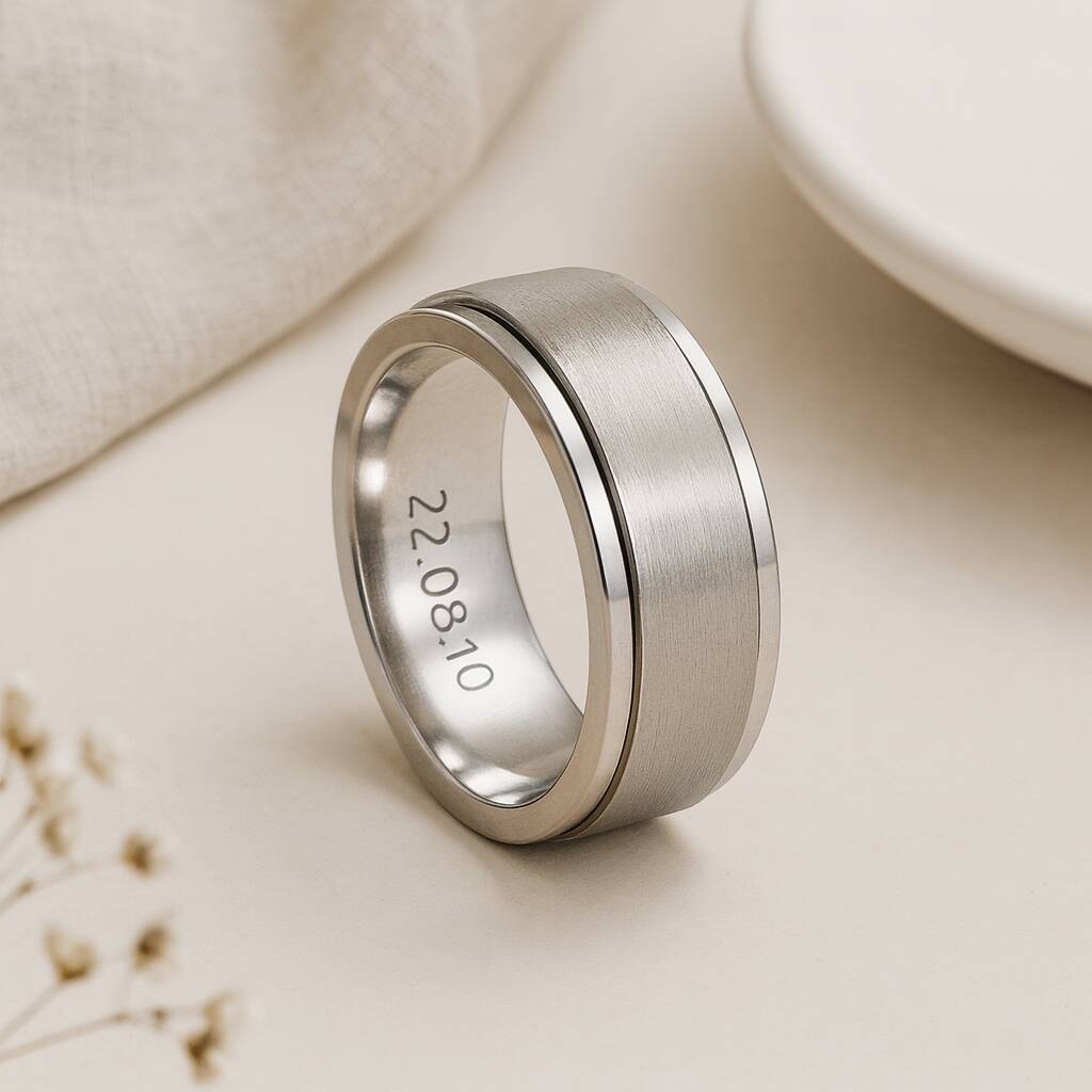 Men's Personalised Brushed Stainless Steel Wide Spinner Ring - 8mm