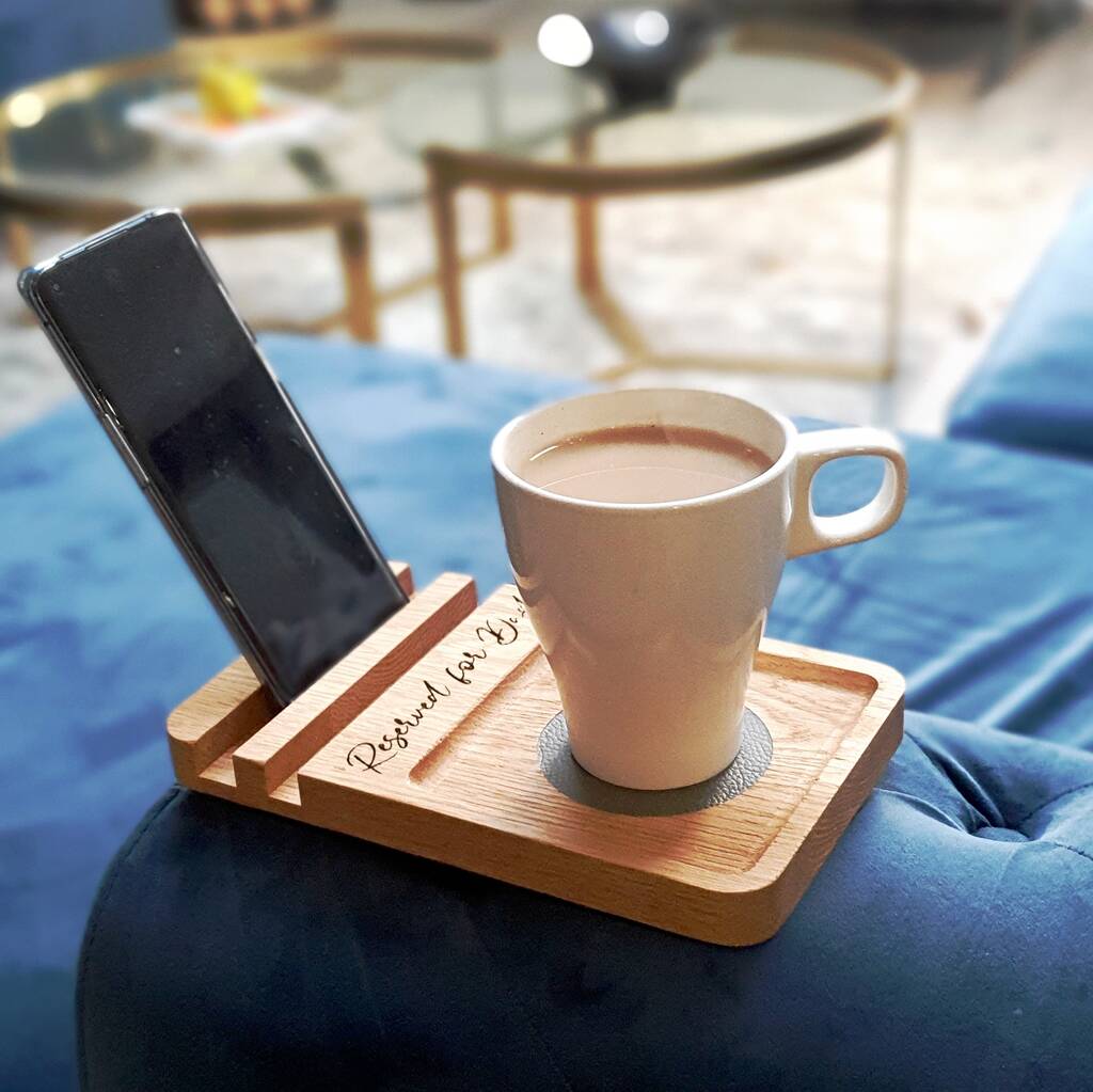 Personalised Solid Oak Sofa Coaster Phone Stand - Gift For Him And Her