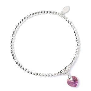 Rose Crystal Heart Sterling Silver Ball Bead Bracelet