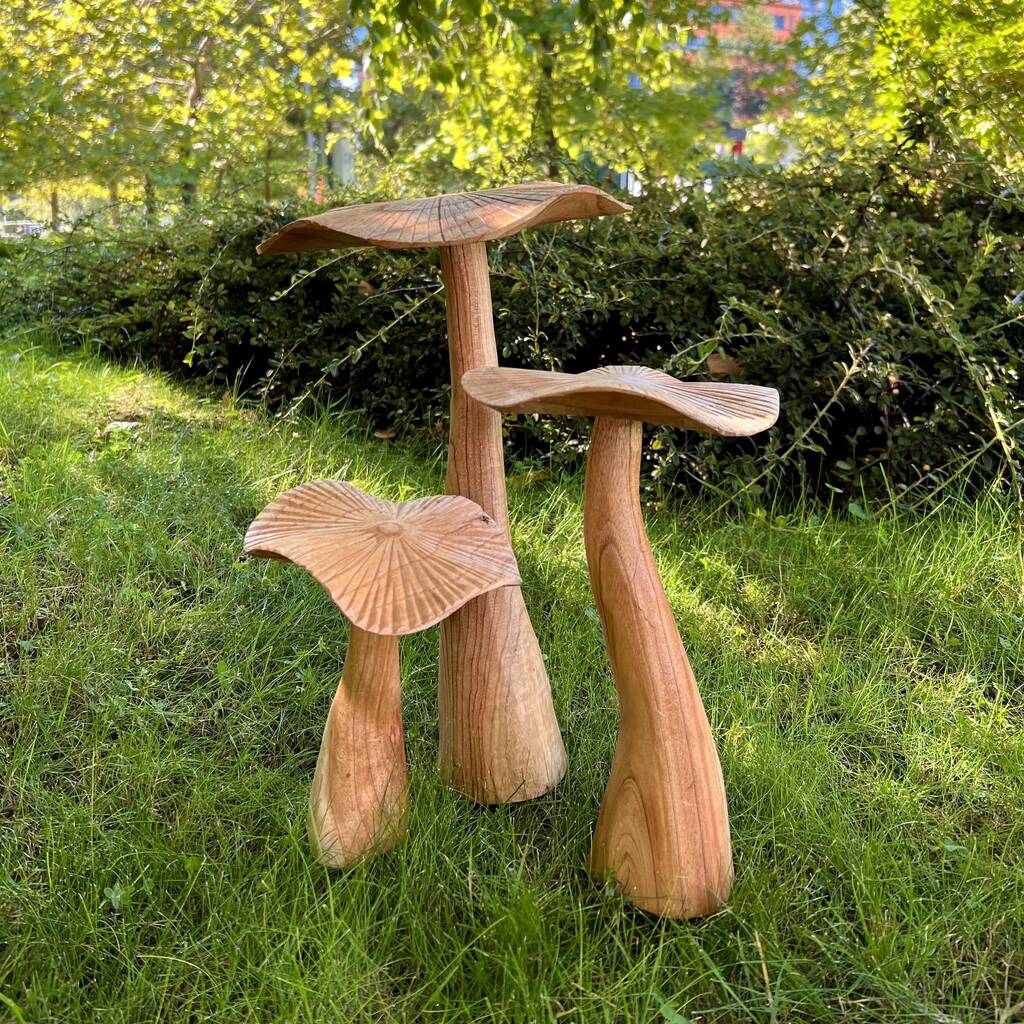 Set Of Three Wooden Mushrooms For Garden