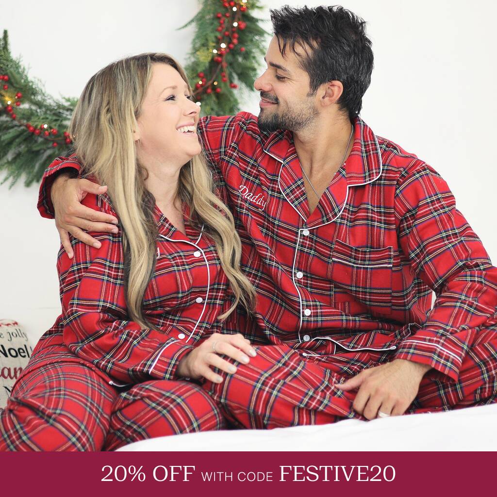 Personalised Matching Couples Luxury Brushed Cotton Christmas Tartan Pyjamas