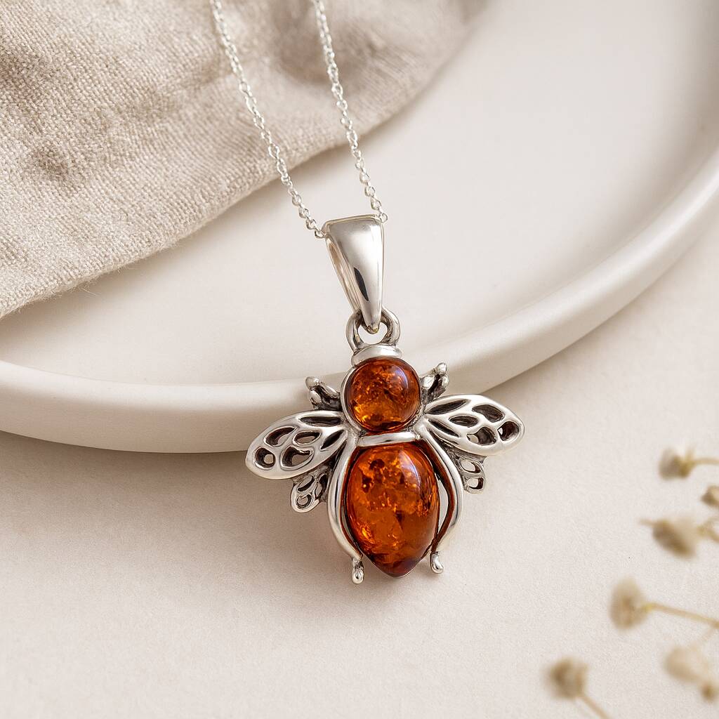 Personalised Sterling Silver Amber Bee Pendant Necklace