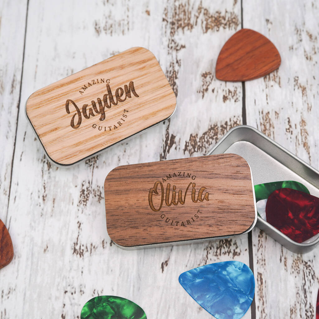 Personalised Guitar Pick Tin - Custom Engraved Pick Holder In Oak Or Walnut