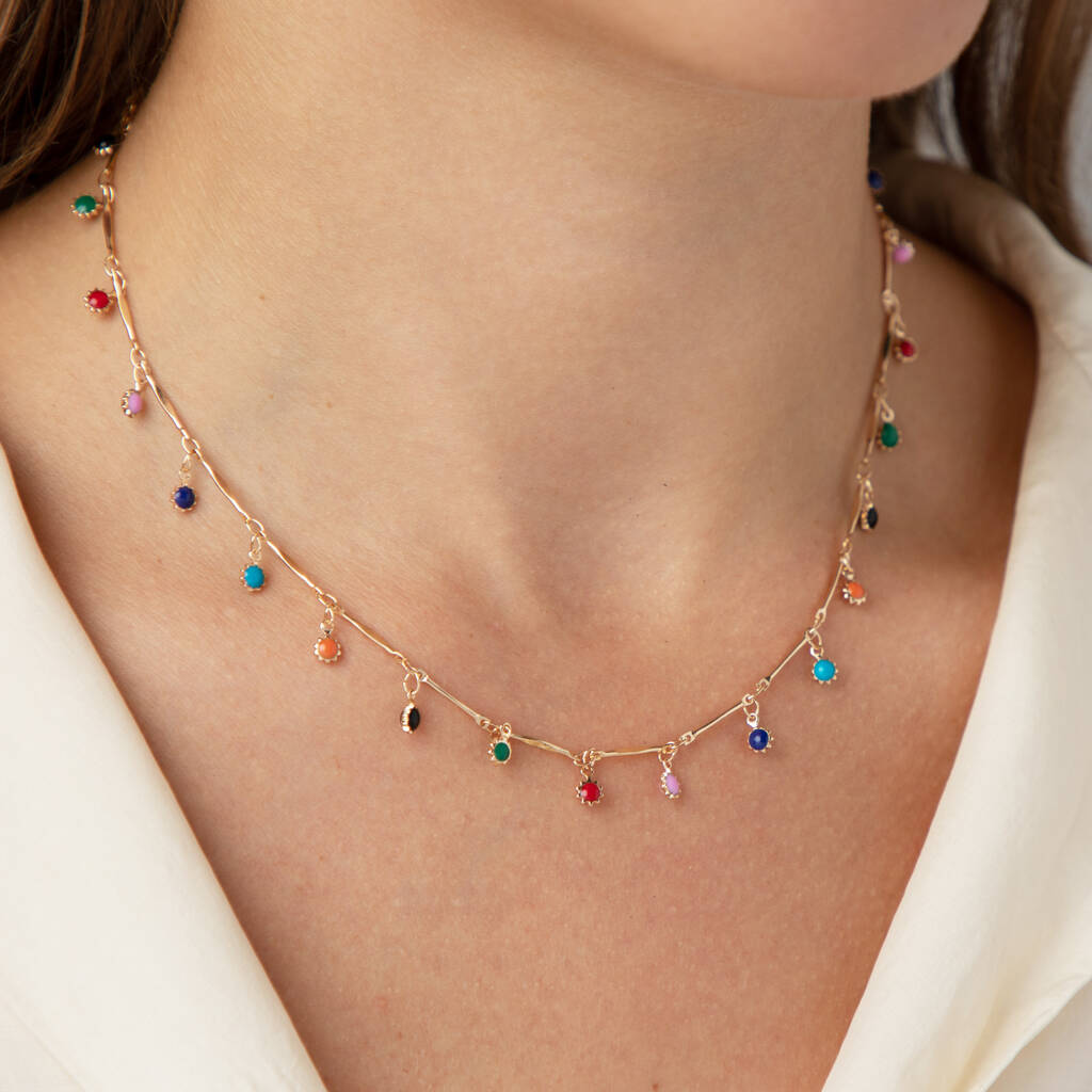 Rainbow Multicoloured Stone Drop Necklace