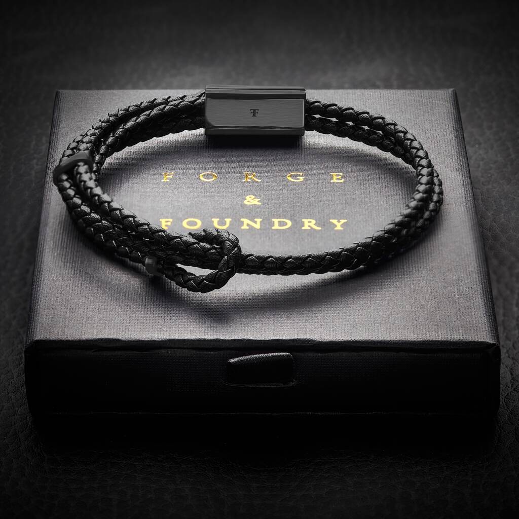 Men's Personalised Engraved Black Adjustable Leather Bracelet With Smooth Sliding Clasp Artisan Jewellery
