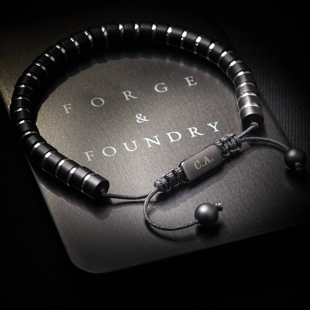 Men's Personalised Engraved Black Onyx And Silver Hematite Bracelet - Artisan Jewellery For Men