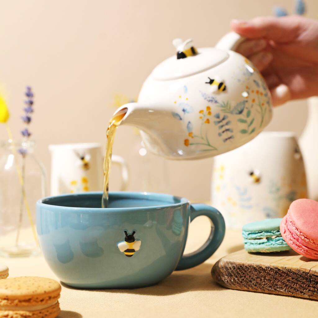 Cornflower Blue Floral Bee Ceramic Teapot And Mug Set