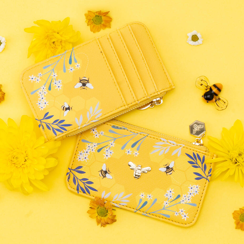 Yellow Bee Card Holder Wallet Purse • Floral Print • Ladies Accessory • Handbag Money Wallet • Gift For Her