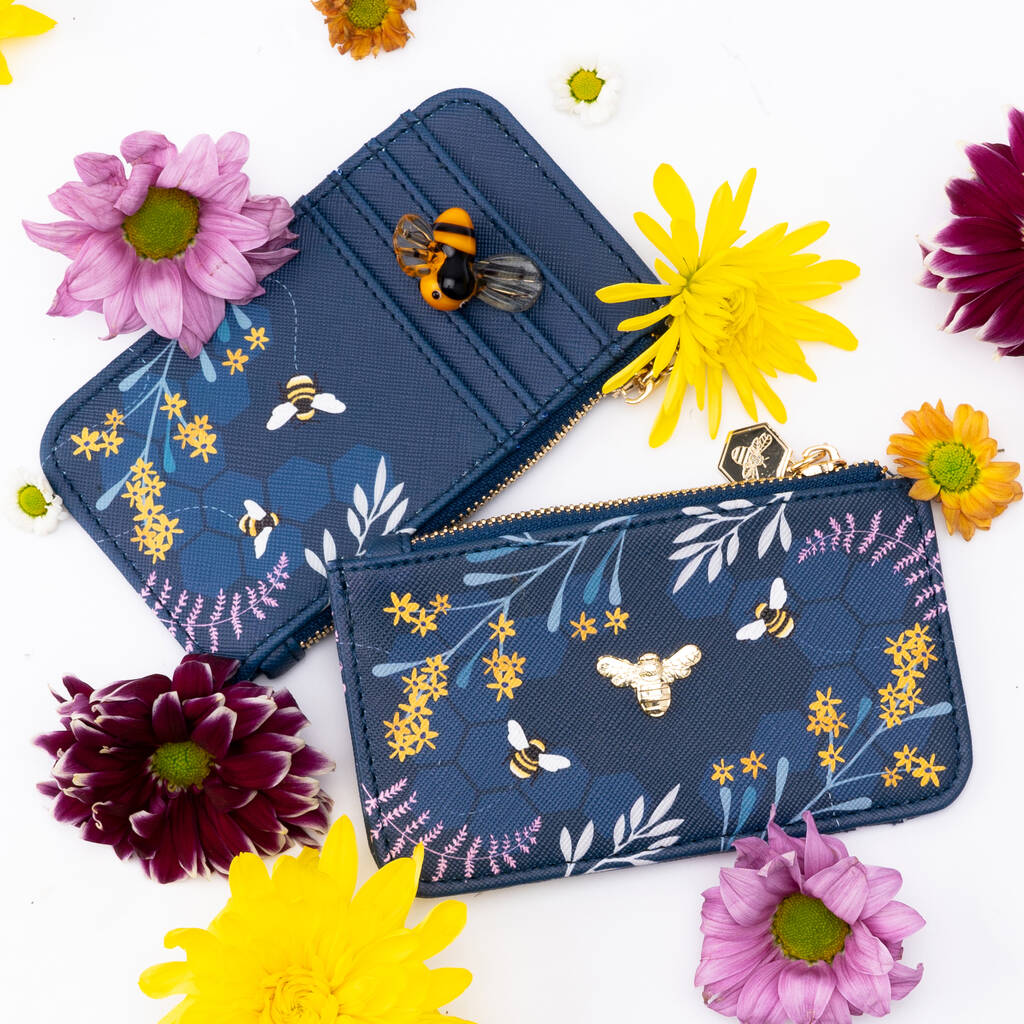 Purple Bee Card Holder Wallet Purse • Floral Print • Ladies Accessory • Handbag Money Wallet • Gift For Her