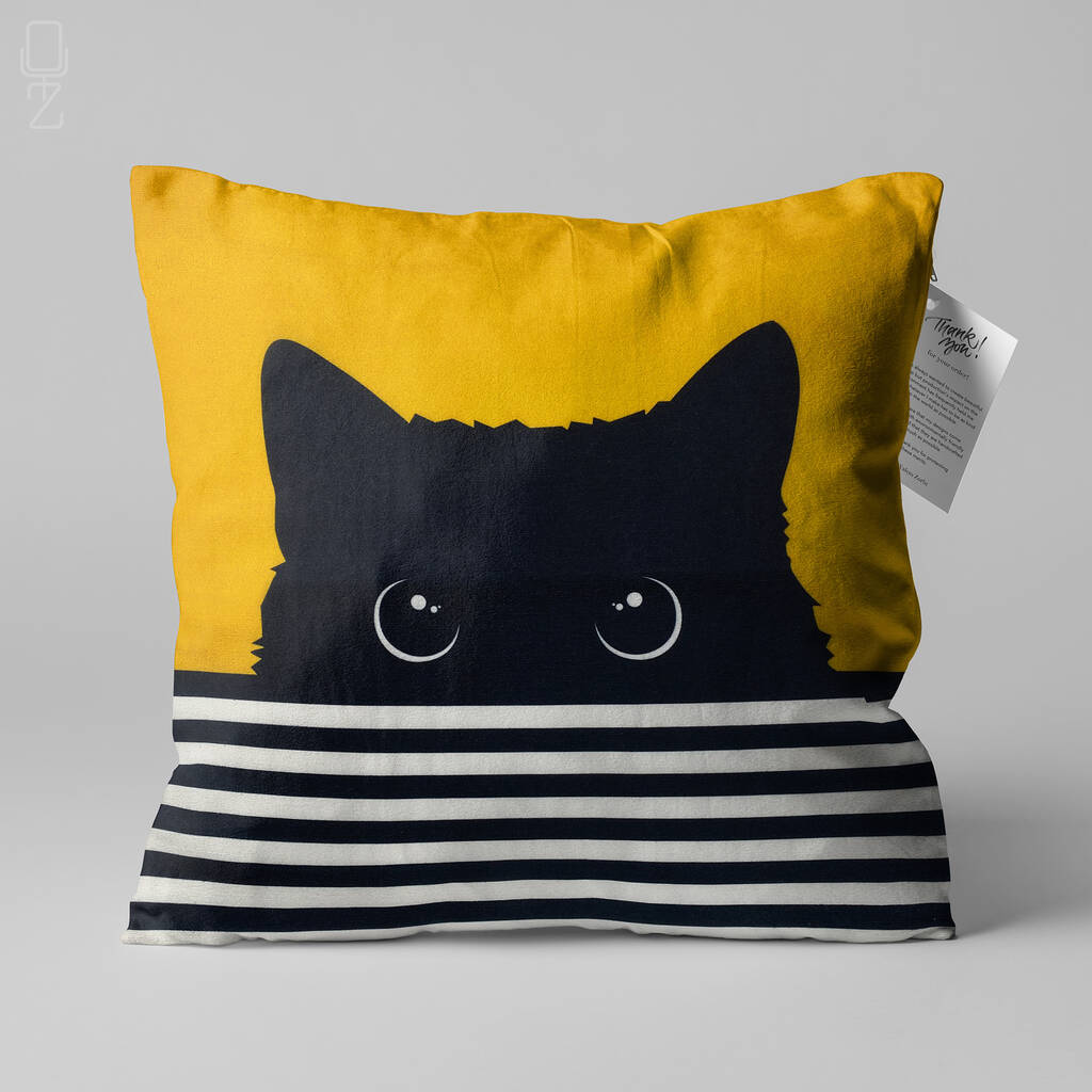 Cushion Cover With Hidden Black Cat On The Yellow