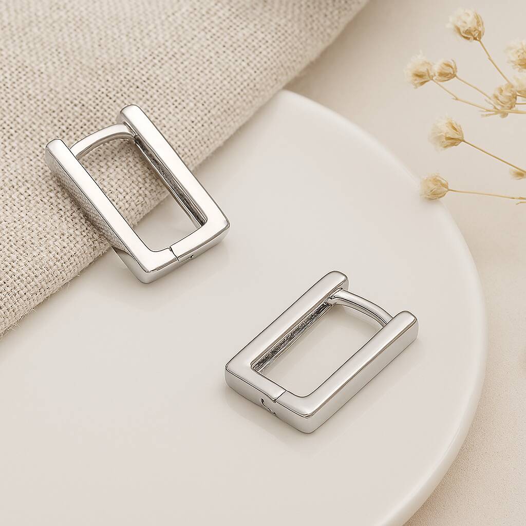 Sterling Silver Rectangular Huggie Hoop Earrings - 15mm