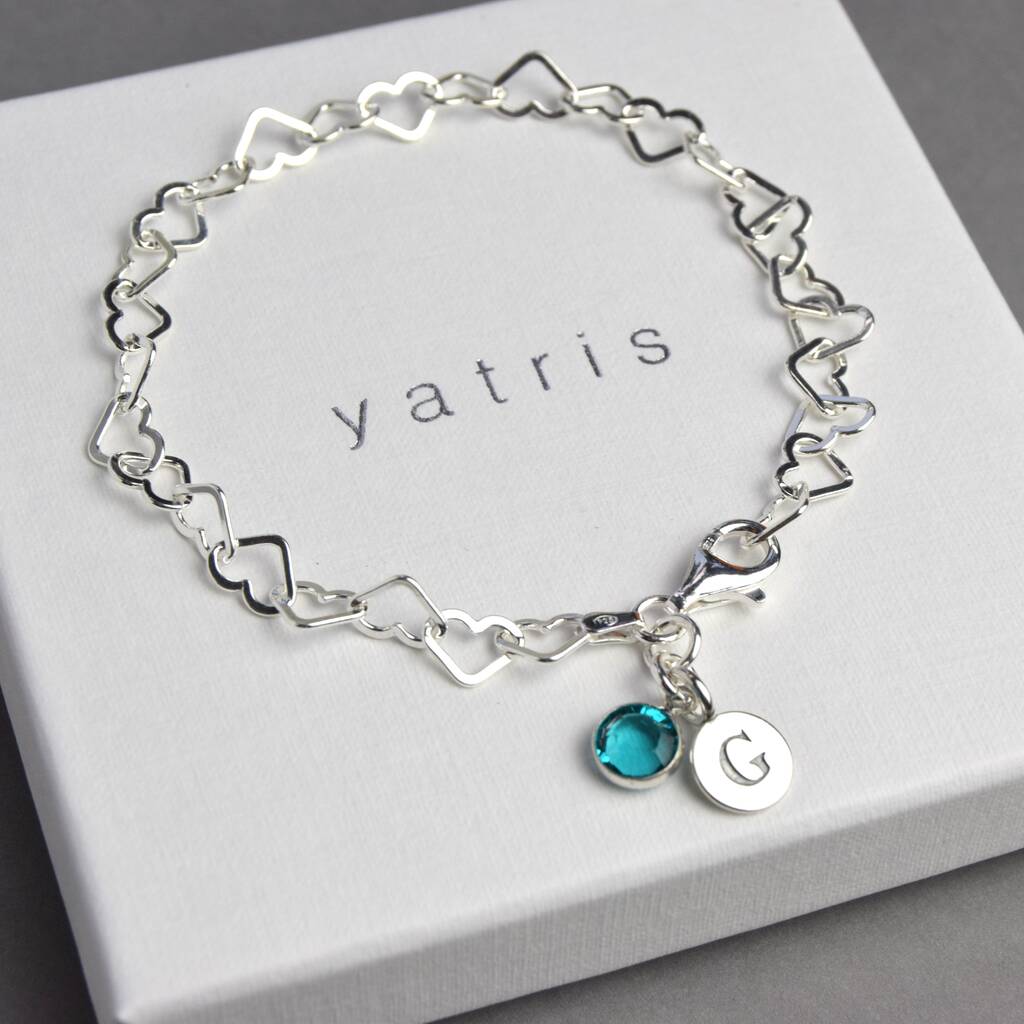 Sterling Silver Heart Linked Bracelet With Birthstone