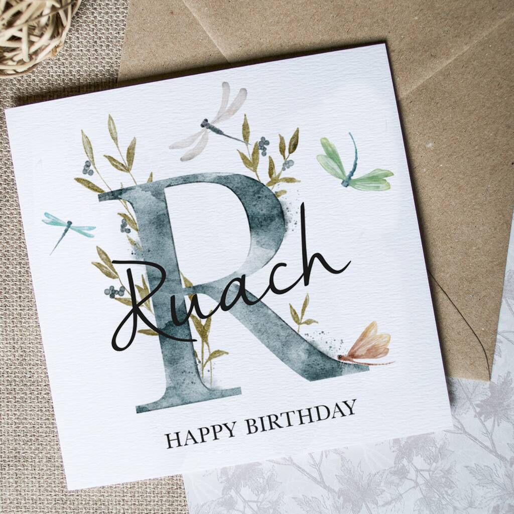 Dragonfly Initial Watercolour Birthday Card