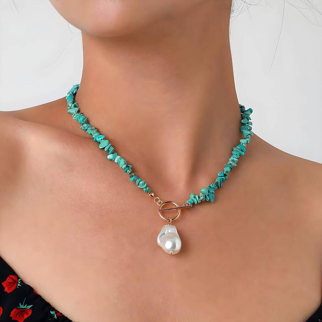 Boho Pearl And Turquoise Beaded Necklace Gift