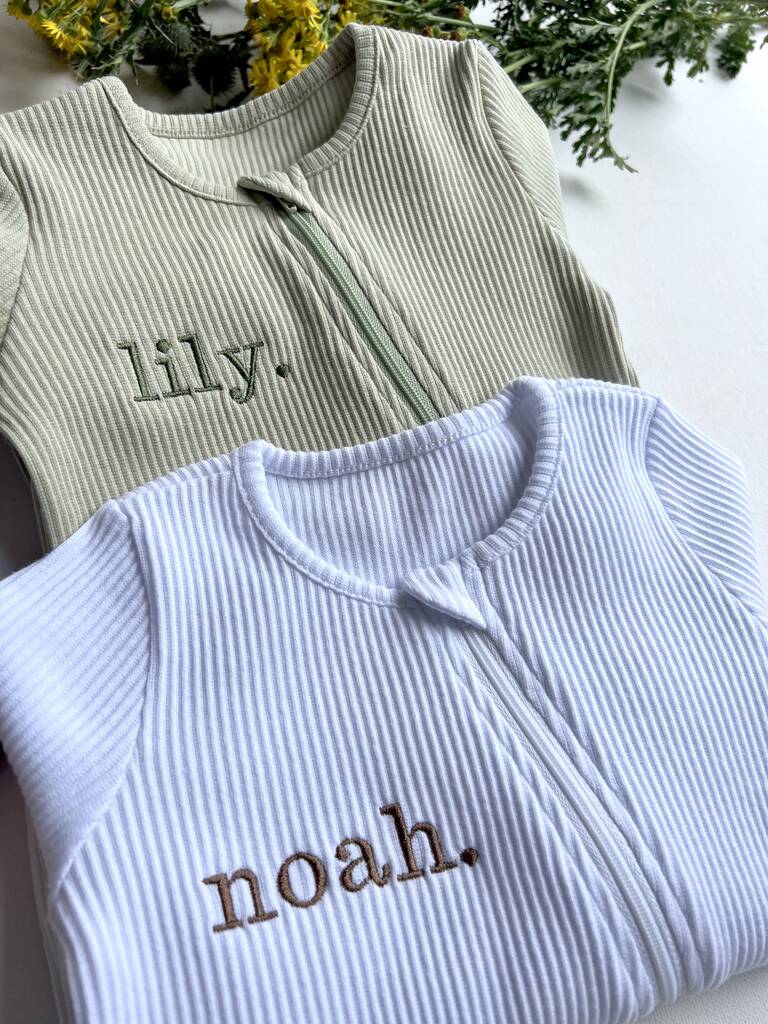 Personalised Baby Zip Sleepsuit - Embroidered Baby Grow With Name - Newborn Gift In 10 Colours
