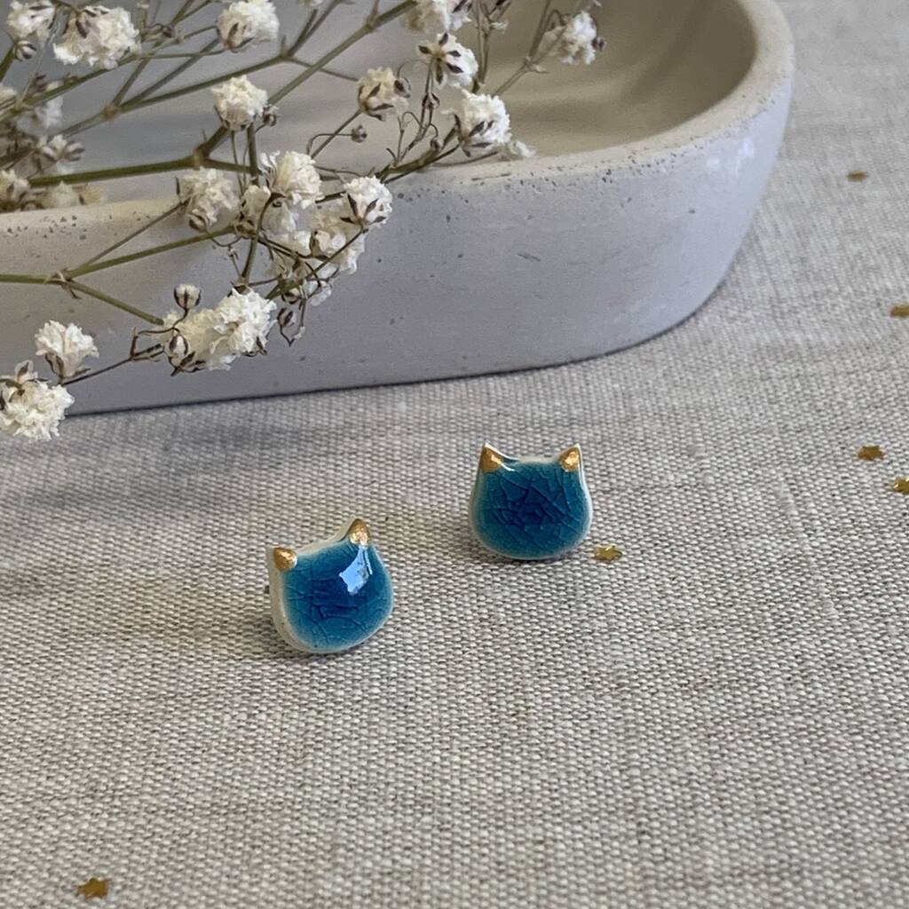 Turquoise Cat Stud Ceramic Earrings