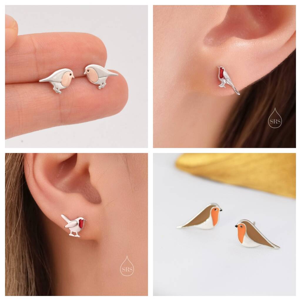 Sterling Silver Robin Bird Stud Earrings Four Styles