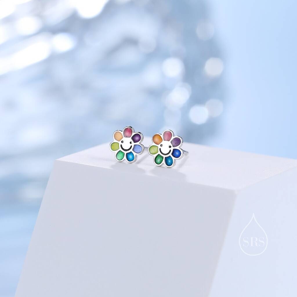 Sterling Silver Enamel Smiling Flower Stud Earrings