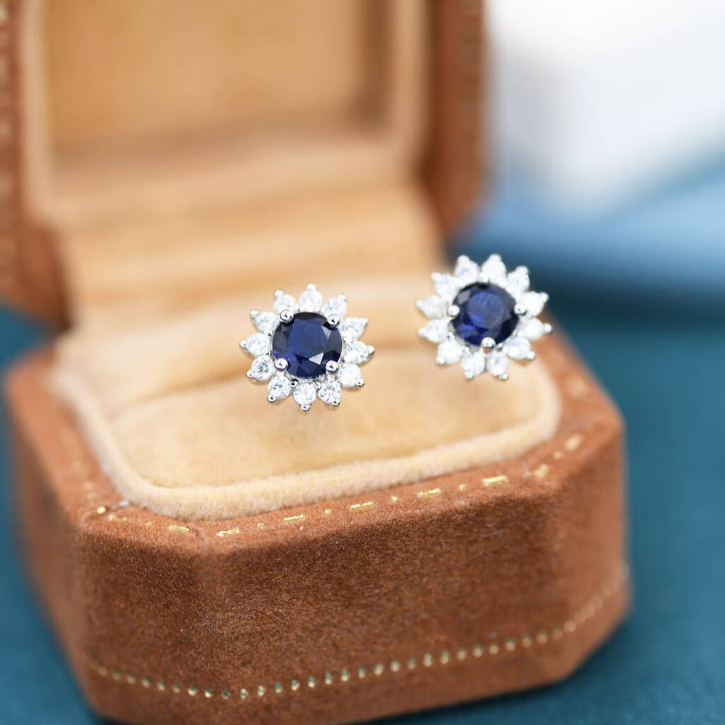 Sapphire Cz Flower Stud Earrings In Sterling Silver