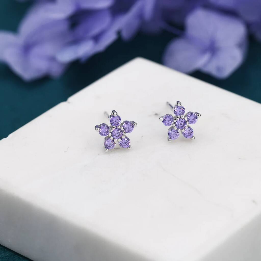 Amethyst Purple Forget Me Not Flower Cz Stud Earrings
