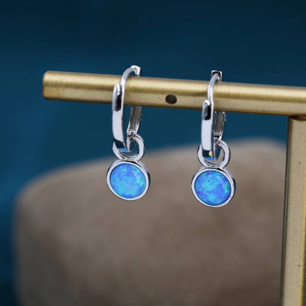Sterling Silver Dangling Blue Opal Hoop Earrings