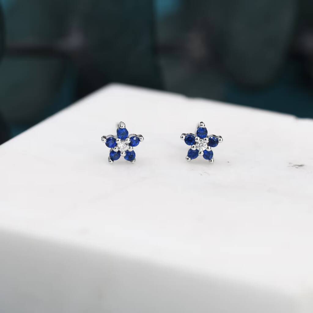 Sapphire Blue Forget Me Not Flower Cz Stud Earrings