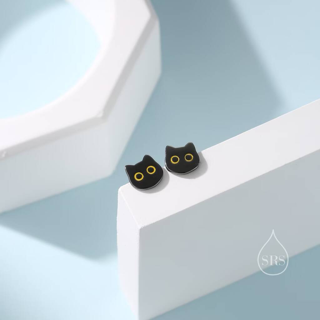 Cute Black Cat Stud Earrings In Sterling Silver