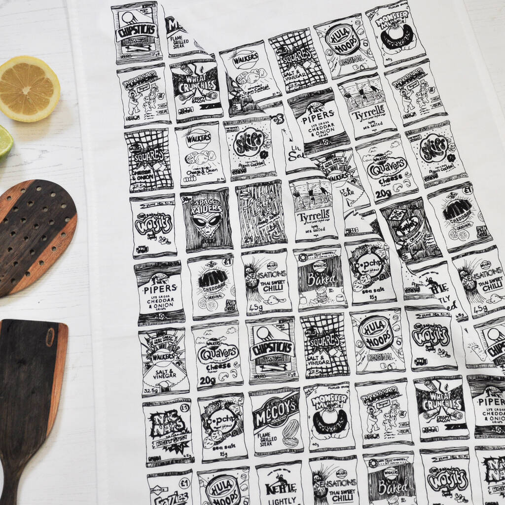 Crisp Packets Illustrated Black And White Tea Towel