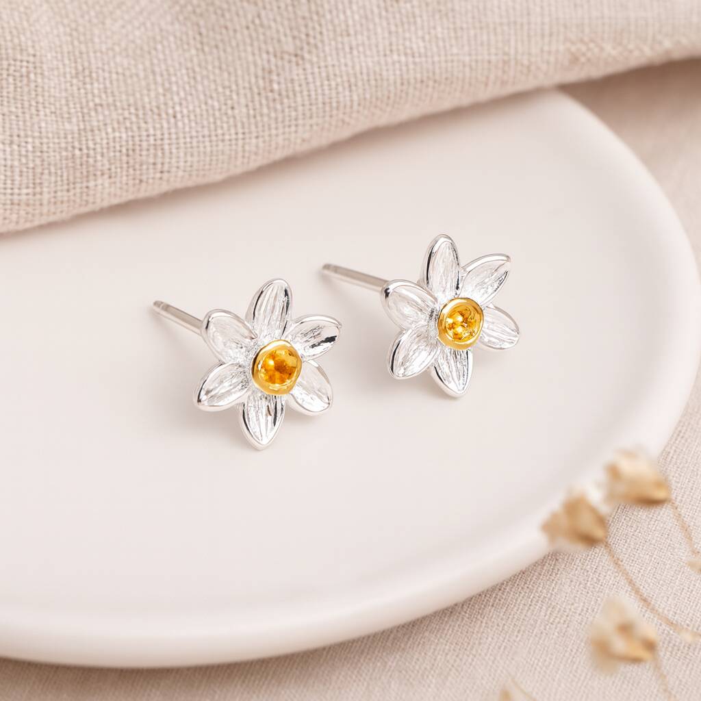 Sterling Silver And Gold Daffodil Stud Earrings - March Birth Flower - 6mm