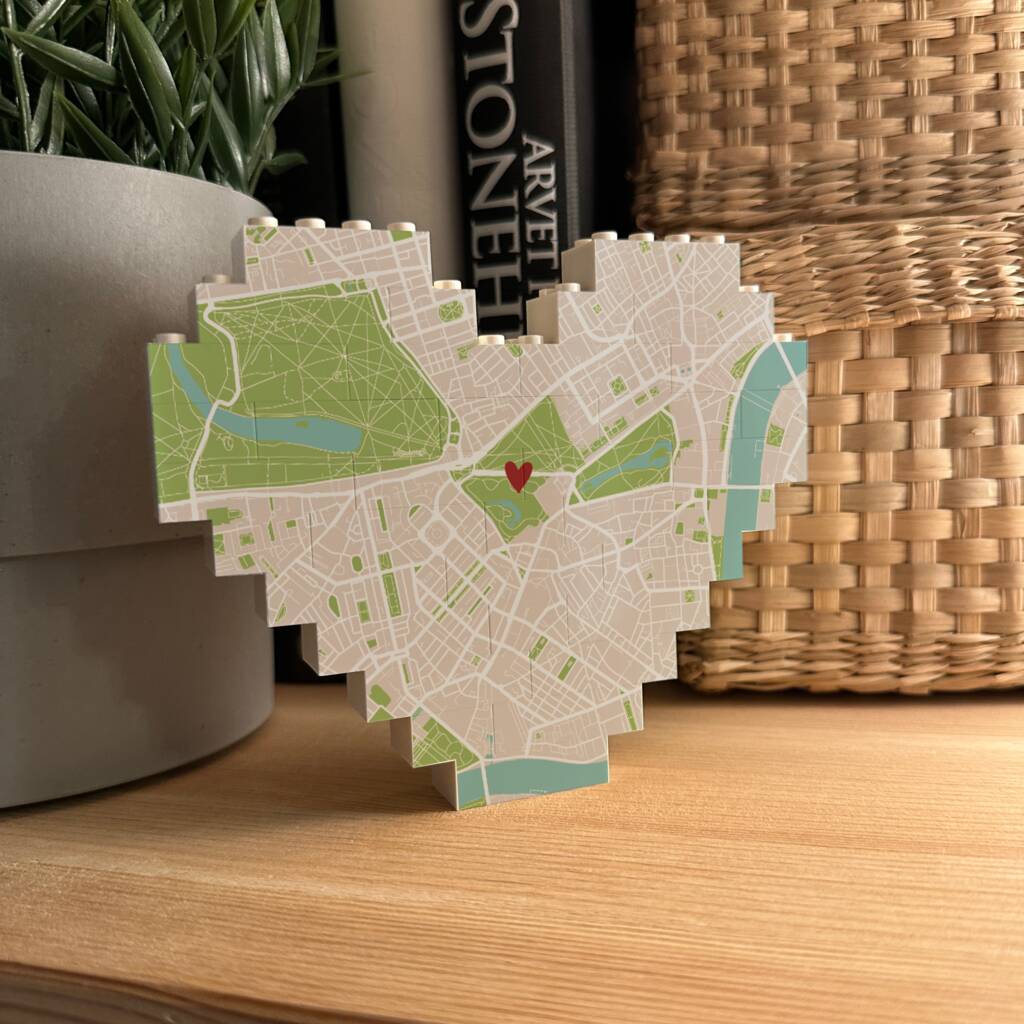 Personalised Lego Brick Heart Shape Map Print Block