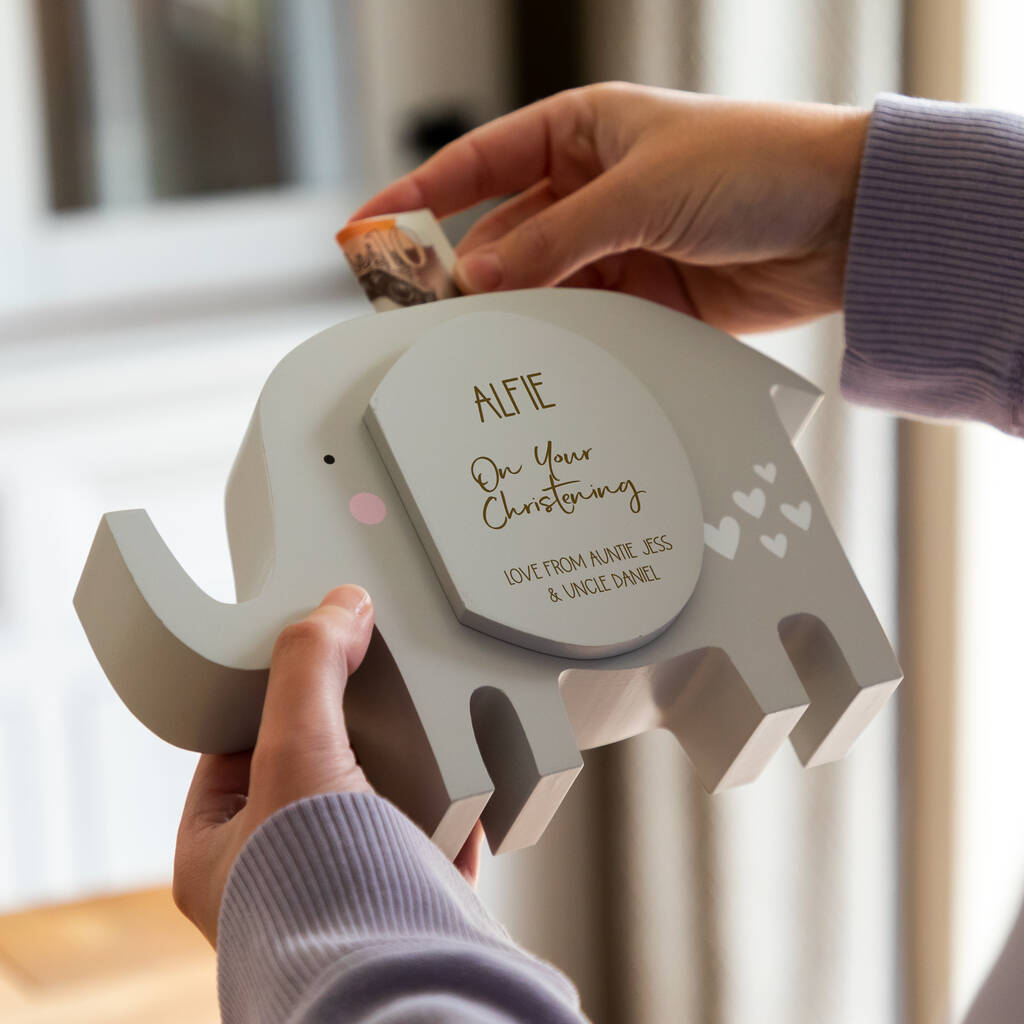 Personalised Elephant Money Box For Christening Baptism