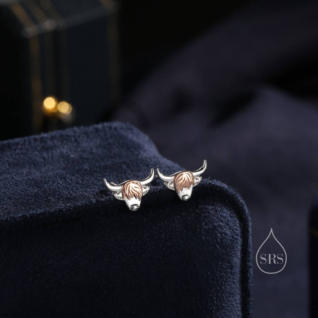 Two Tone Highland Cow Stud Earrings In Sterling Silver