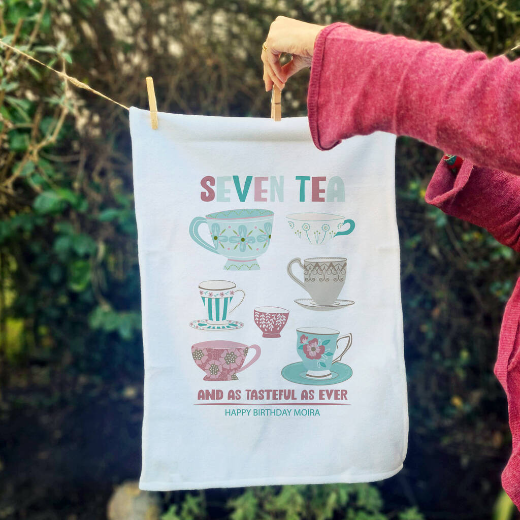 Personalised Seven Tea Tea Towel 70th Birthday Gift