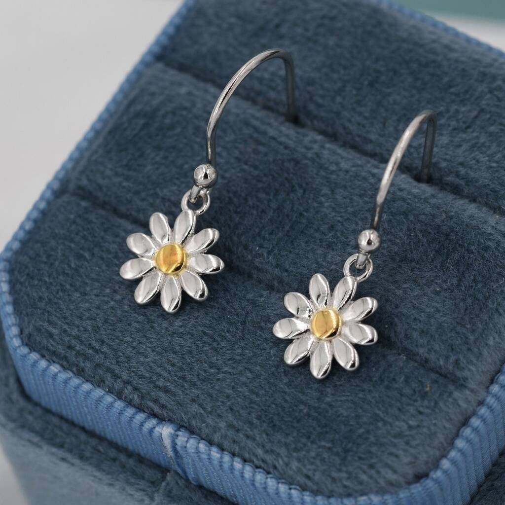 Sterling Silver Little Daisy Flower Drop Hook Earrings