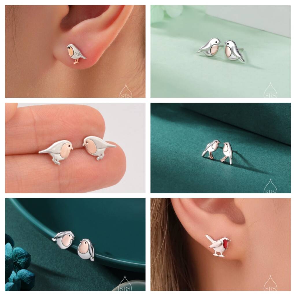 Sterling Silver Tiny Robin Bird Stud Earrings Six Styles Available