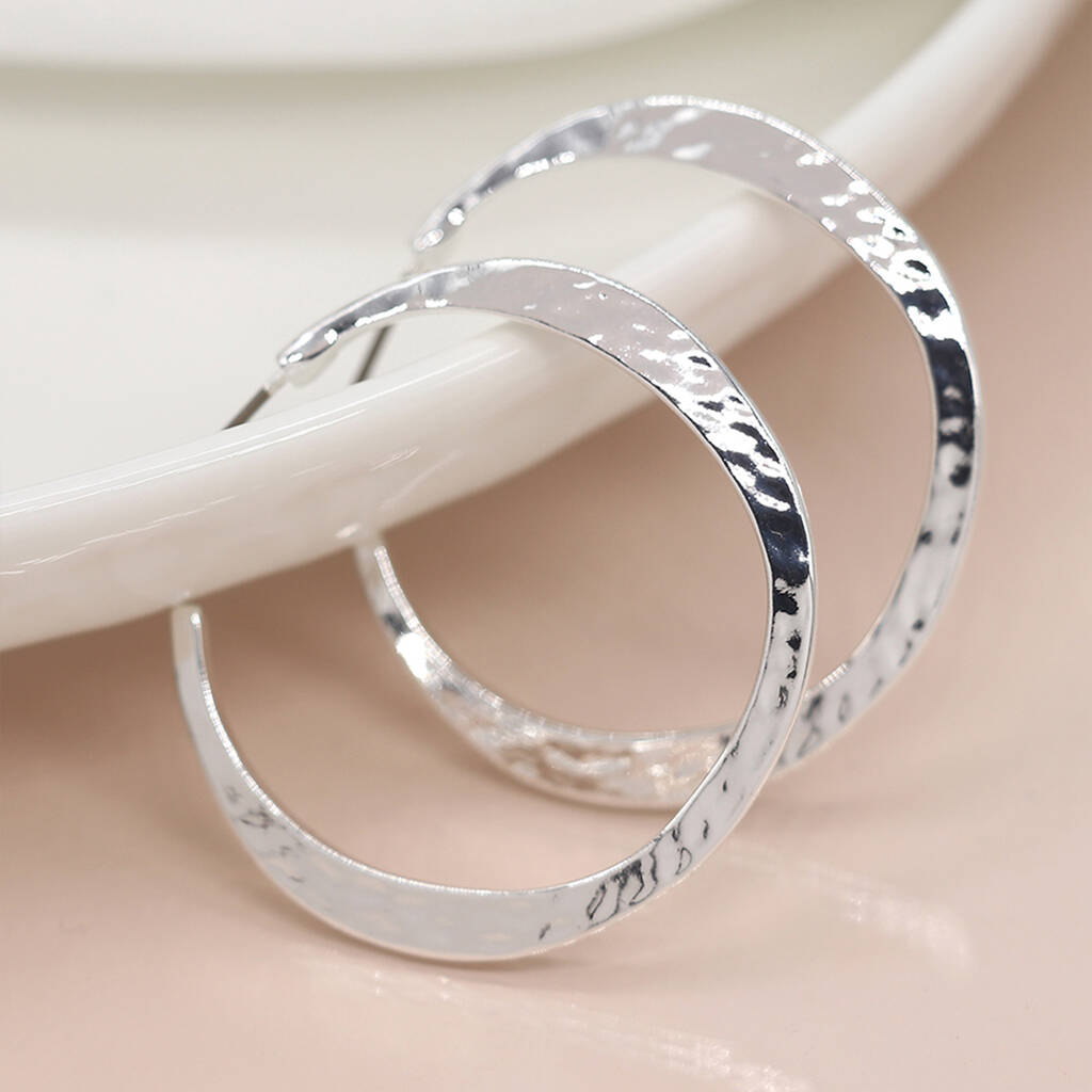 Large Silver Plated Hammered Hoop Earrings - 40mm