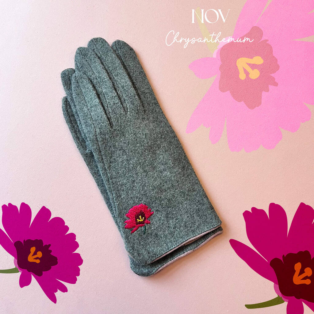 Embroidered Birth Flower Merino Wool Touch Screen Gloves
