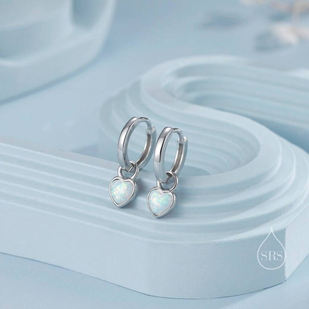 Sterling Silver Delicate Opal Heart Huggie Hoop Earrings