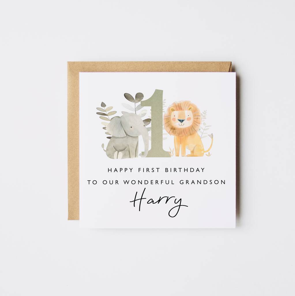 Personalised Grandson 1st Birthday Card Jungle Theme Age Options