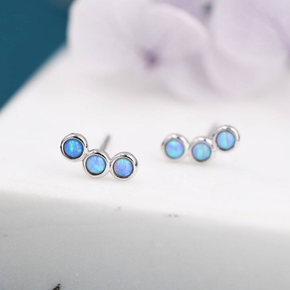 Sterling Silver Tiny Blue Opal Trio Stud Earrings