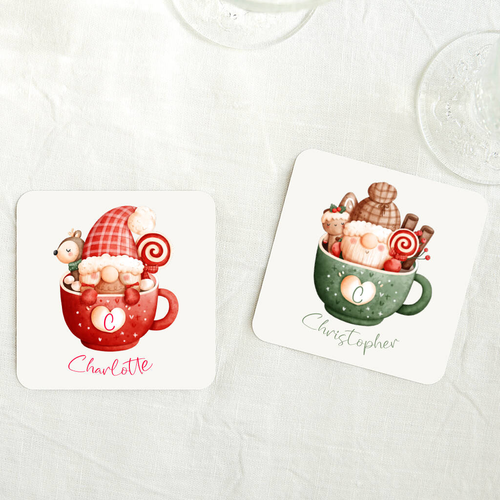 Personalised Gnomes Couples Christmas Coasters