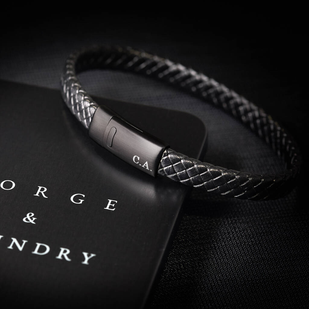 Men's Personalised Engraved Black Braided Leather Bracelet With Custom Engraving, Artisan Jewellery