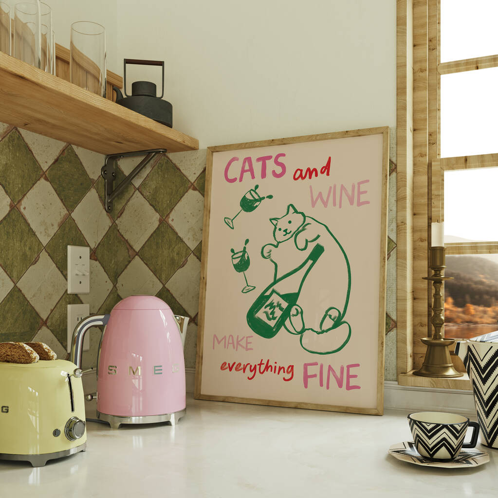 Cats And Wine Kitchen Print