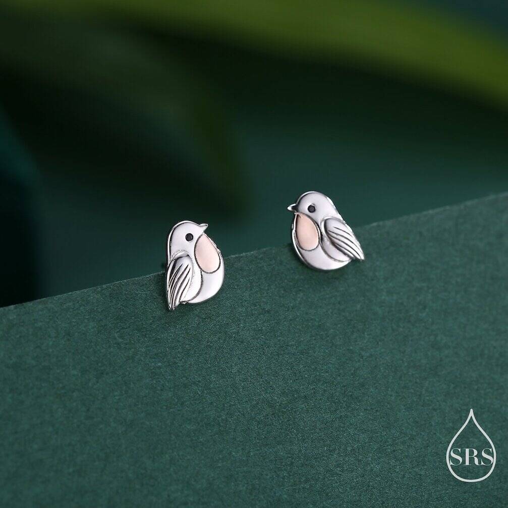 Sterling Silver Baby Robin Bird With Rose Gold Breast Stud Earrings