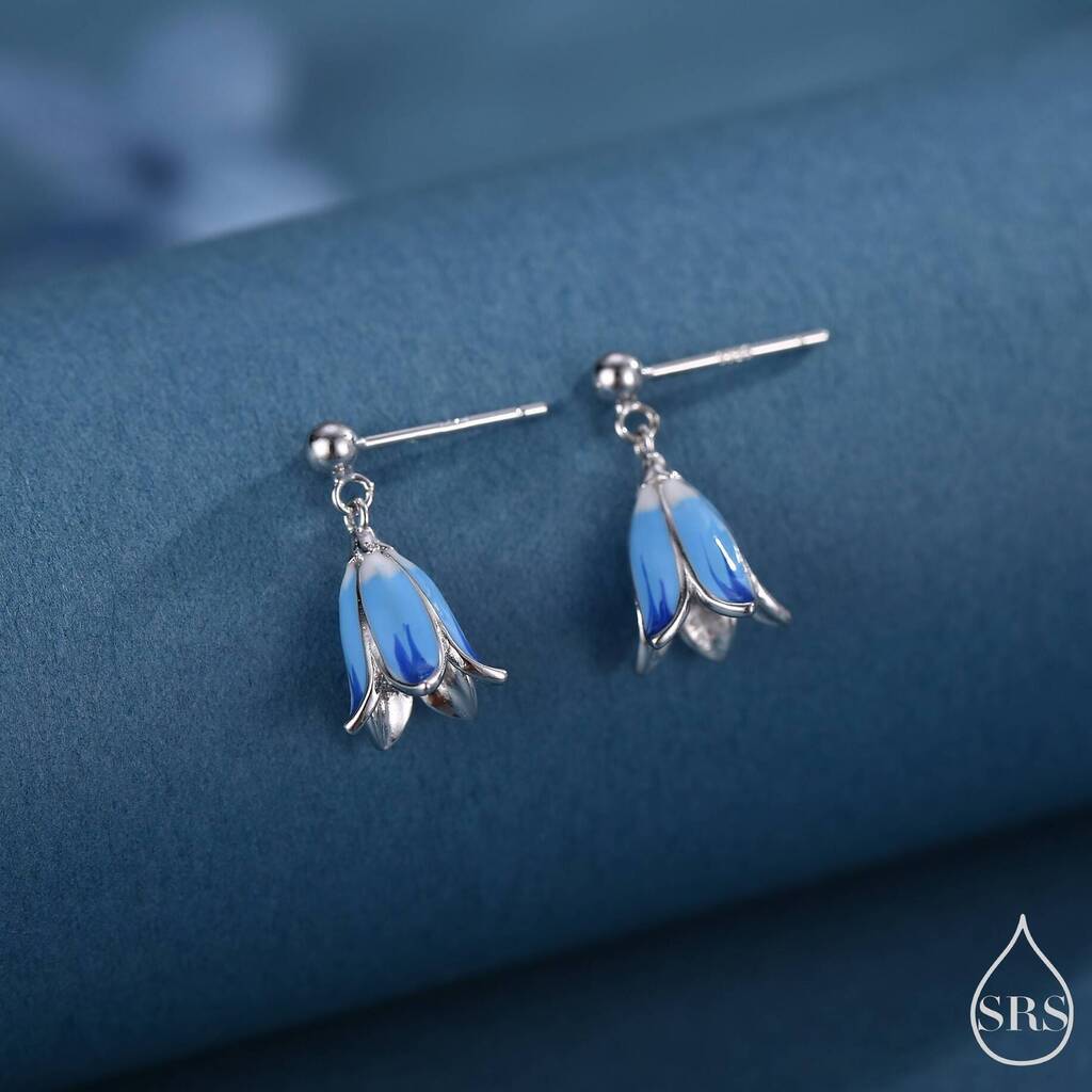 Sterling Silver Enamel Bluebell Flower Drop Stud Earrings